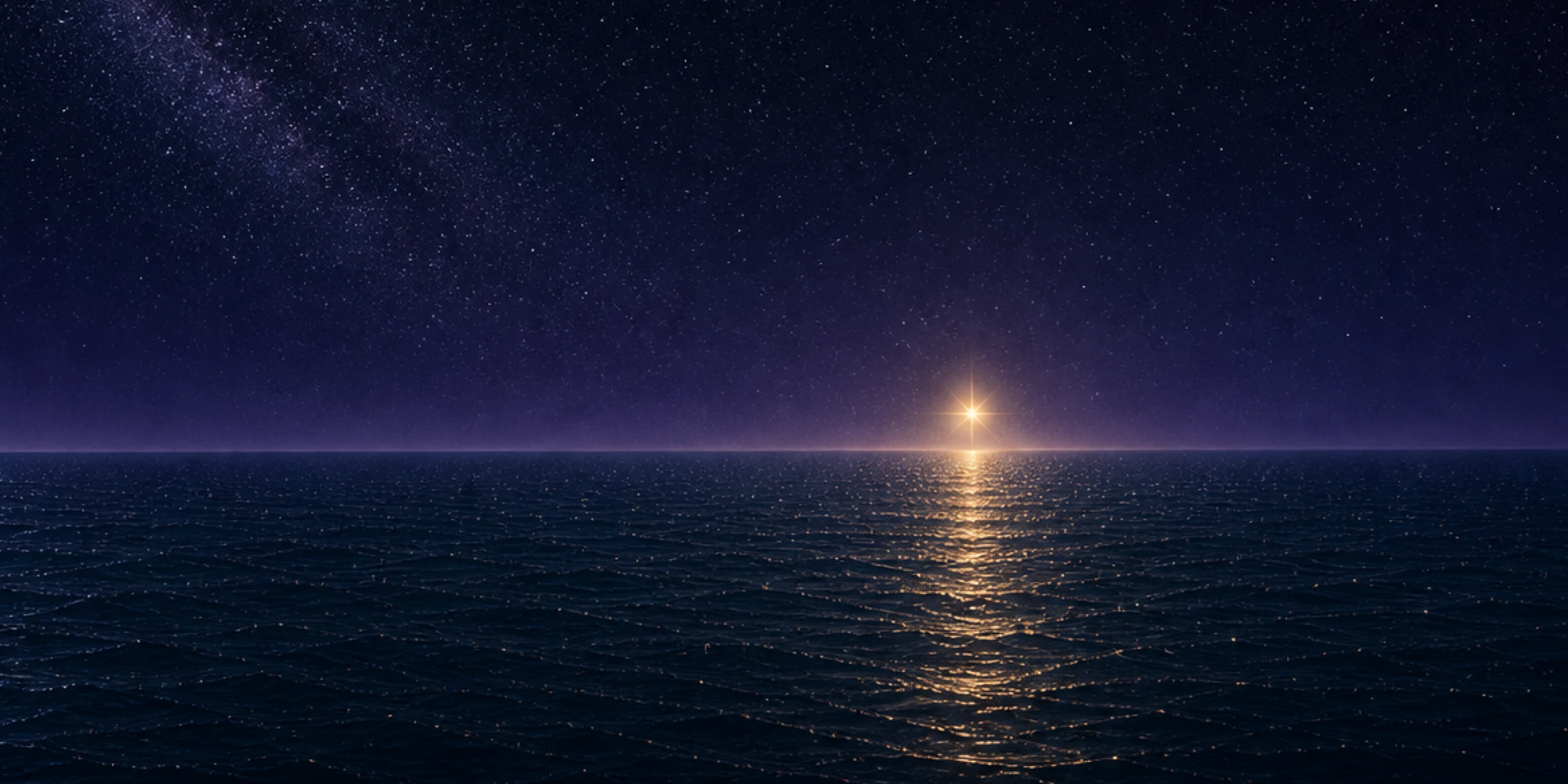 A calm night sea beneath the Milky Way; one golden star shines above the horizon, its reflection crossing the water.