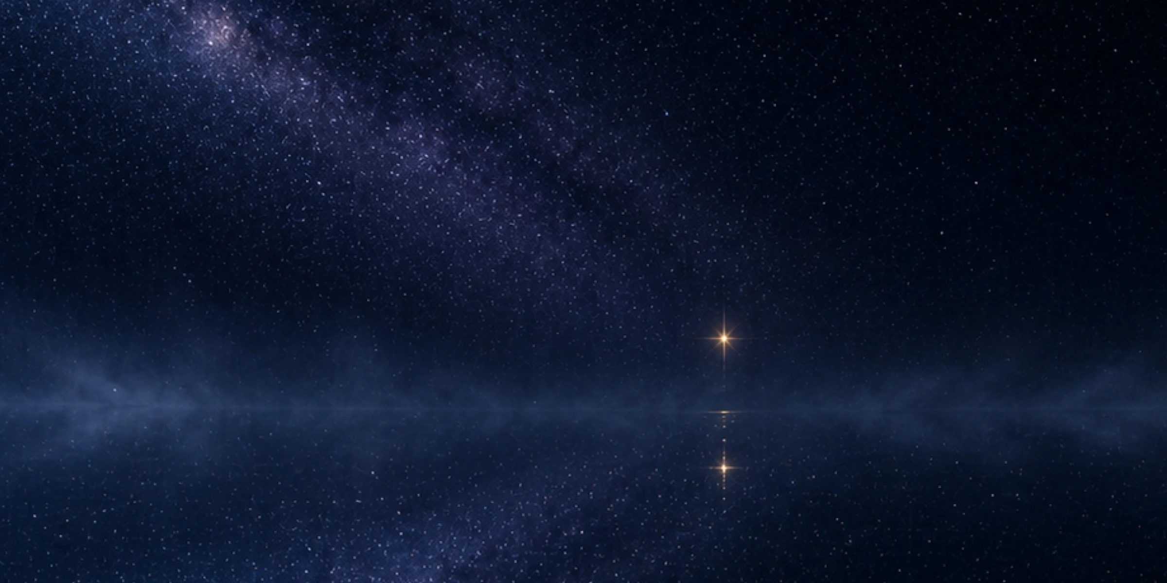 Stars mirrored on still water, sky and sea blending into one; a single gold star glows near the horizon.