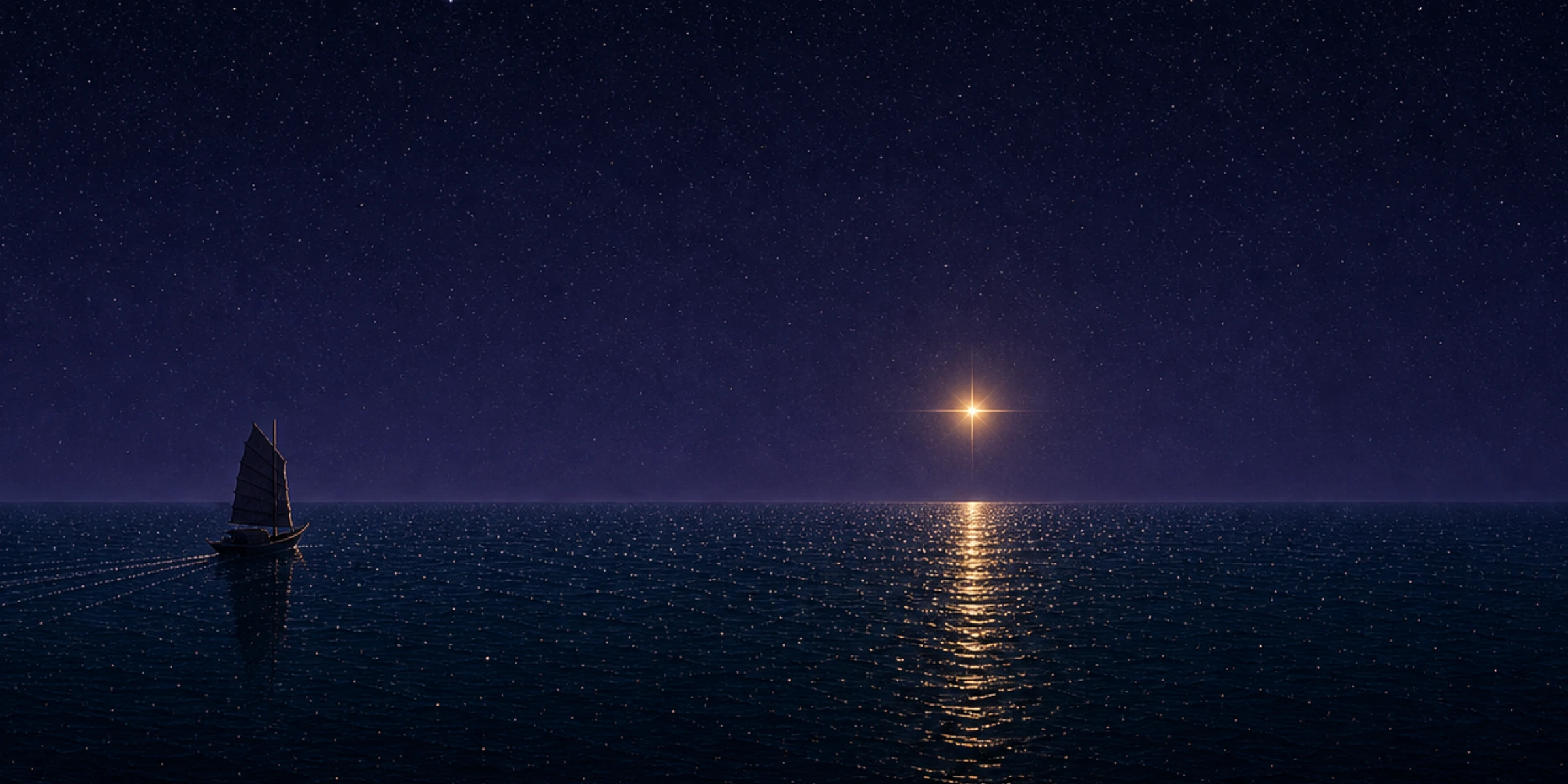 A lone silhouetted sailboat turning toward a golden star's reflection as the first rose of dawn touches the horizon.
