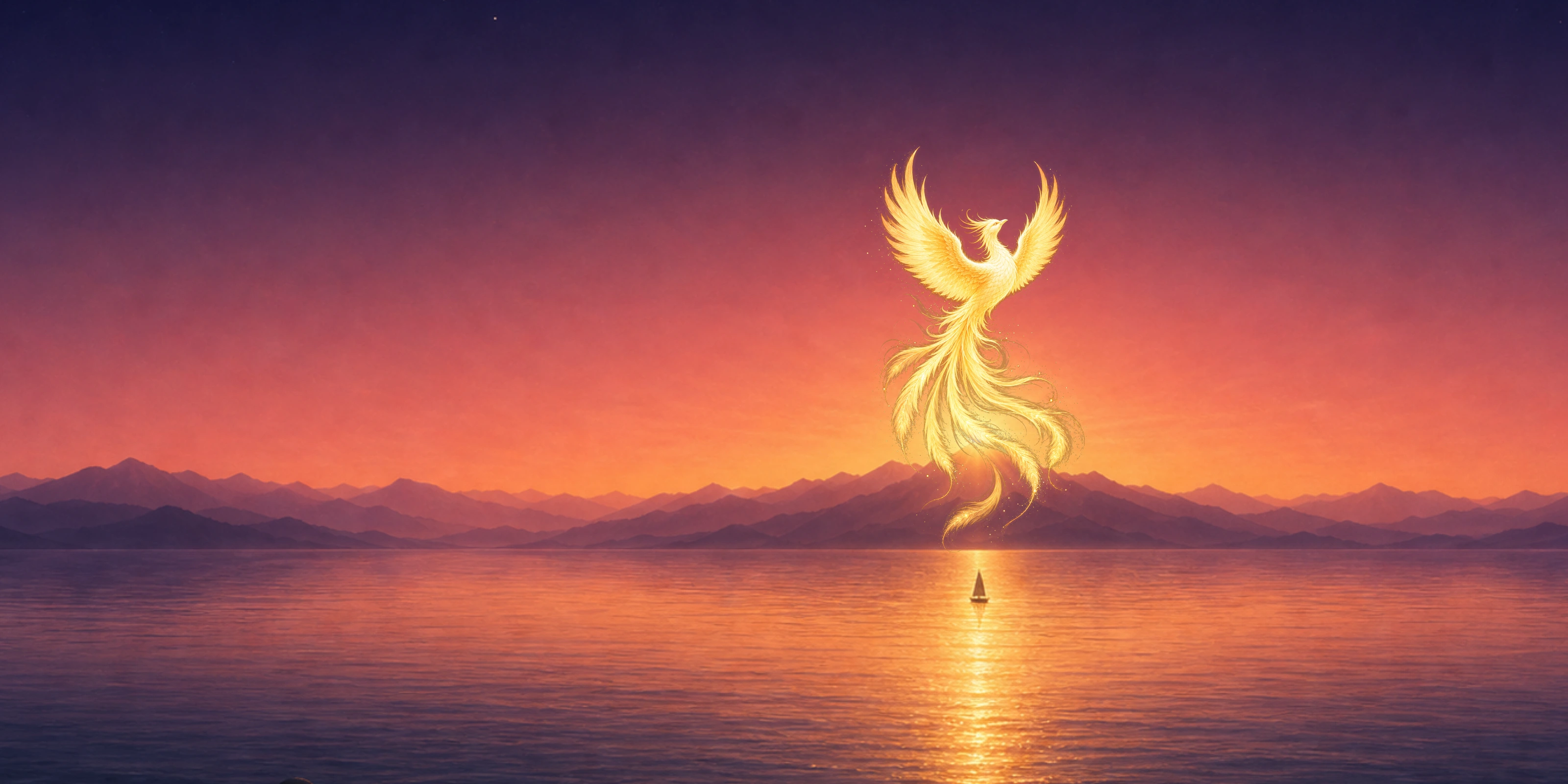 The sun rises golden over a mountain across calm water; a small sail follows the light toward the horizon, and a golden phoenix rises from the sun.