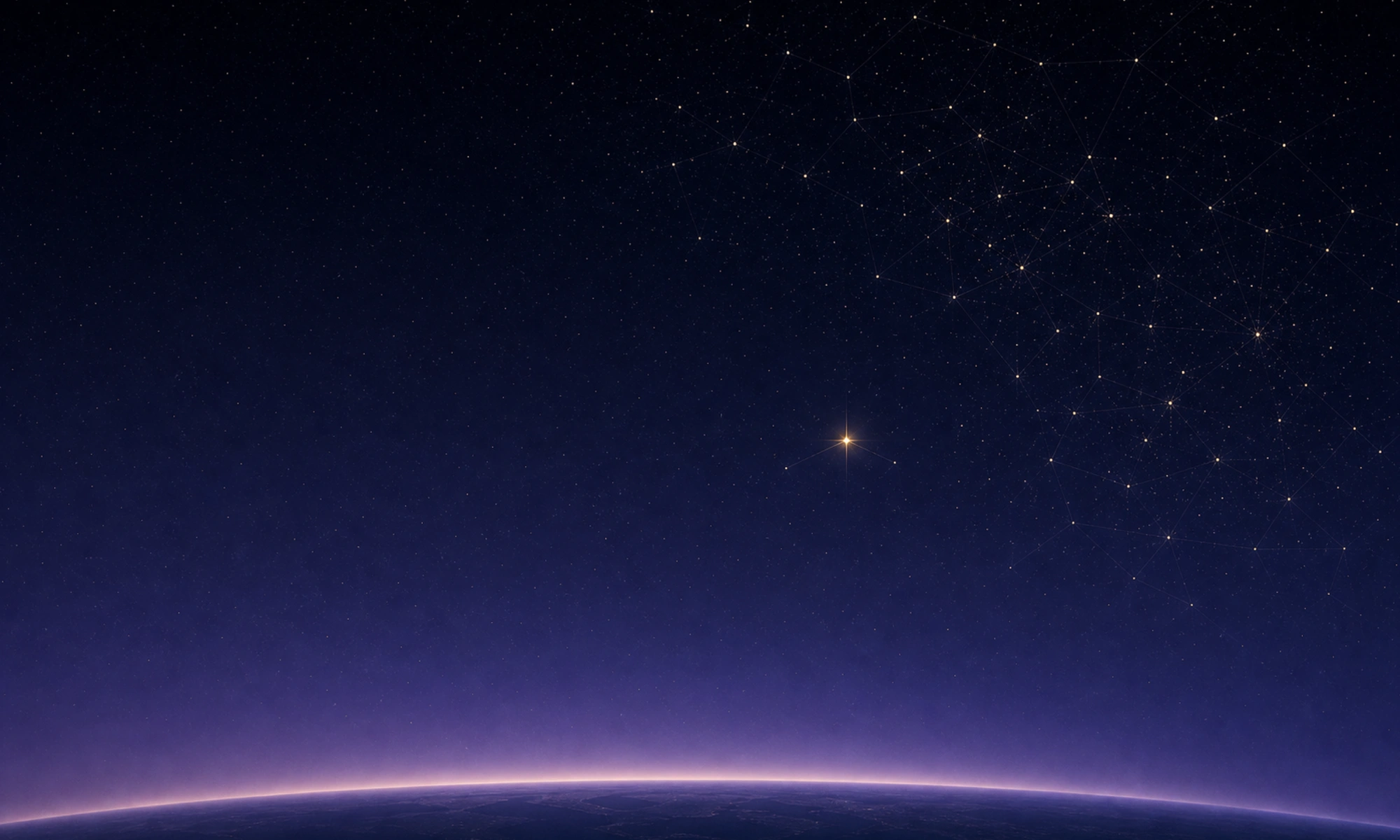 Hundreds of small stars joined by faint constellation lines over a curved horizon.