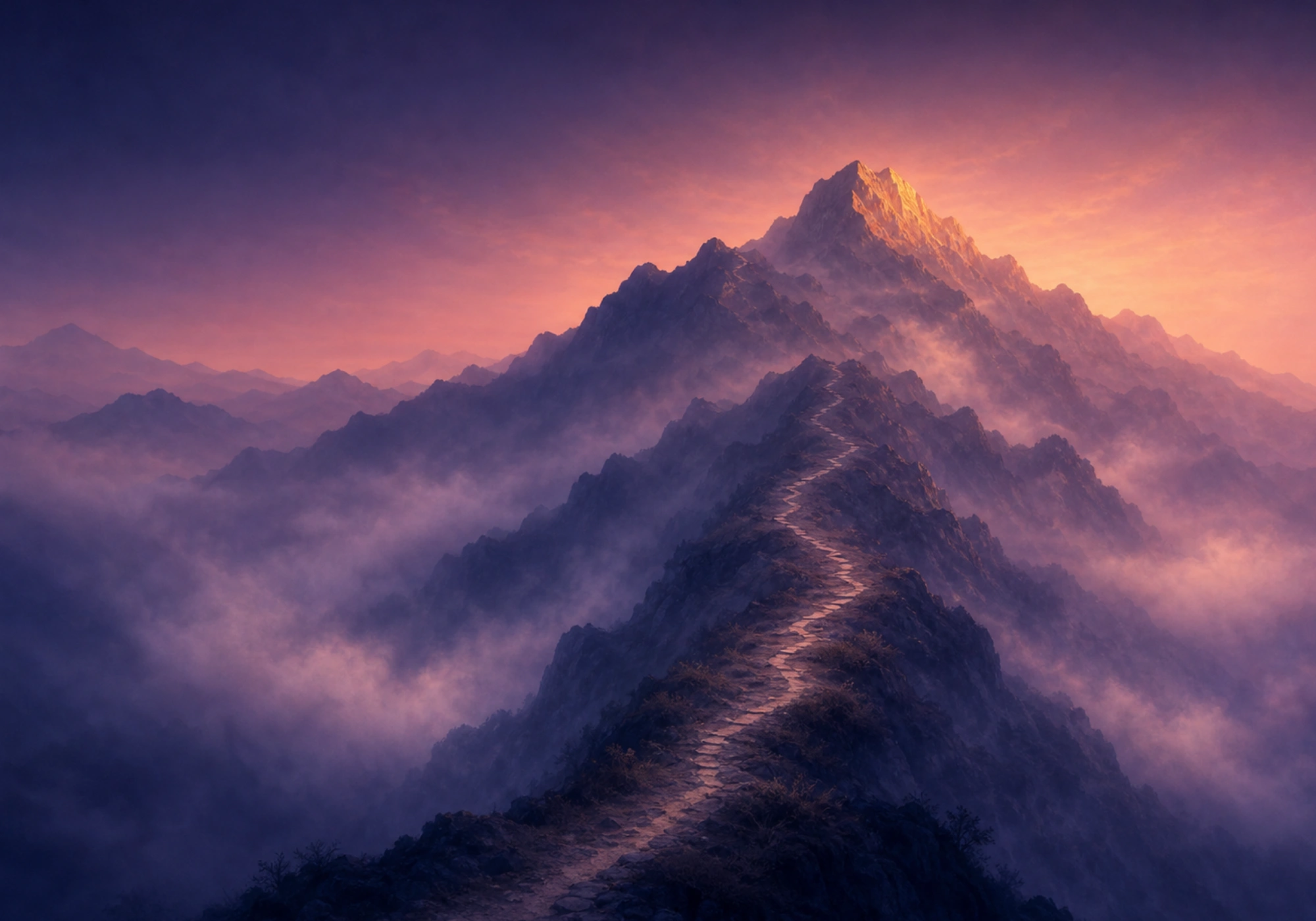 A narrow path climbs through mist toward a mountain summit touched by first light.
